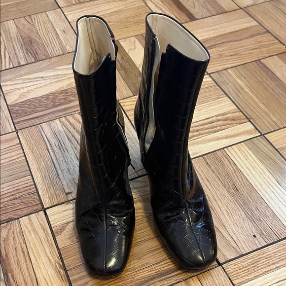 Burgundy Croc-Embossed Ankle Boots - Picture 1 of 5